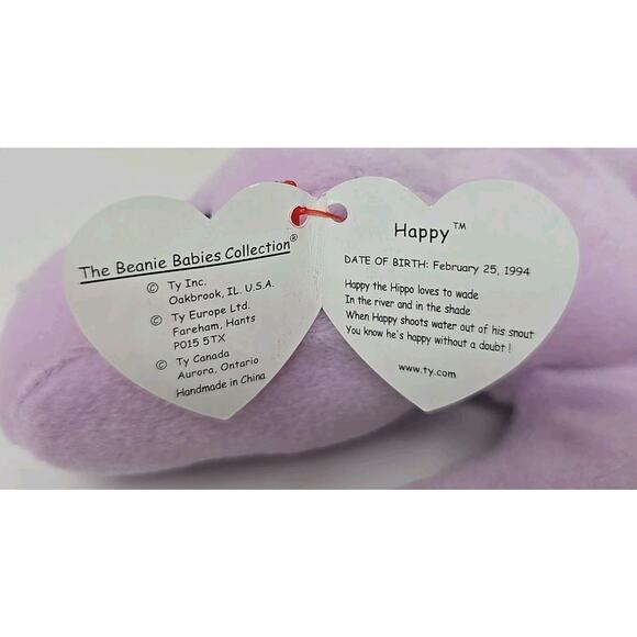 1993 Ty Beanie Baby TY Collectibles "Happy" Retired Purple Hippopotumus BB22 - Picture 2 of 4